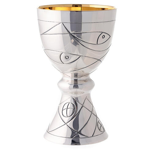 Chalice and paten in contemporary style Molina with bread fish and nets illustration with cup in 925 sterling silver 2