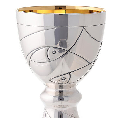 Chalice and paten in contemporary style Molina with bread fish and nets illustration with cup in 925 sterling silver 4