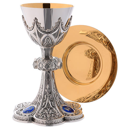 Chalice, paten and ciborium for offertory Molina with Gothic decoration and medallions in 925 solid sterling silver 1