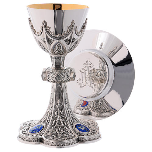 Chalice, paten and ciborium for offertory Molina with Gothic decoration and medallions in 925 solid sterling silver 3