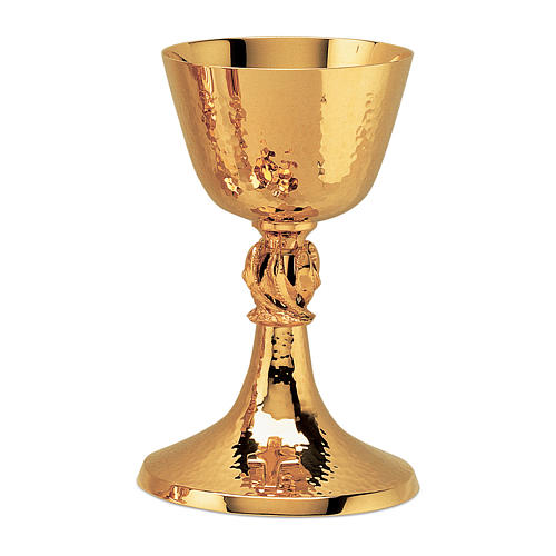 Chalice, paten and ciborium in contemporary style with fish in golden brass 1