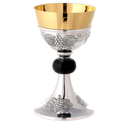 Sterling silver chalice, paten, ciborium and bowl paten with grapes and green agate Molina 2