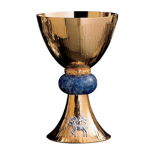 Chalice, paten, ciborium Molina contemporary style with lamb and blue stone in golden 925 solid sterling silver 1