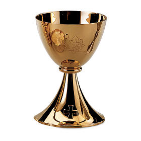 Chalice and paten Molina with grapes and ears of wheat with shiny finish in golden brass