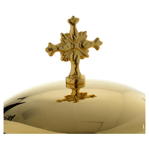 Ciborium with faces of Joseph, Mary and Jesus and leaves design in golden brass 8