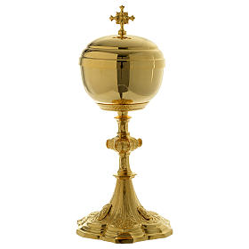 Pisside base volti Gesu Giuseppe Maria e motivo foglie ottone dorato