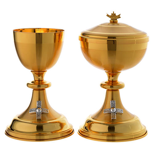 Chalice and ciborium with silver cross in golden brass 1