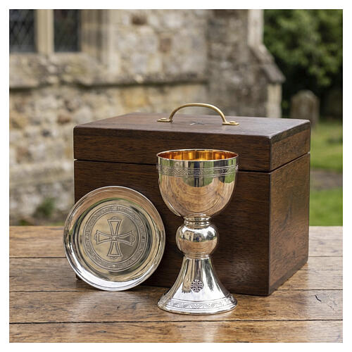 Chalice Paten Box, Bethlehem Monastery Romanesque style silvered brass 2