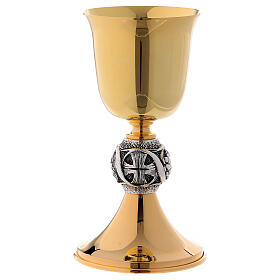 Chalice and ciborium in golden brass with cross and grapes decoration