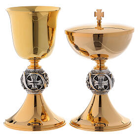 Chalice and ciborium set in golden brass with cross and grape design