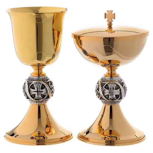 Chalice and ciborium set in golden brass with cross and grape design 1