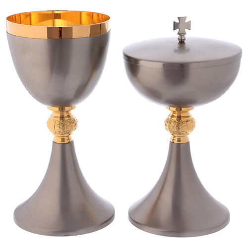Brass chalice and ciborium with nickel-plated exterior and golden interior 1