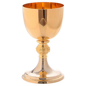 Chalice and ciborium in polished golden brass with leaves on junction