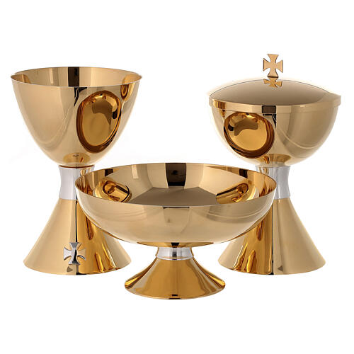 Set of bicolour brass chalice, ciborium and paten, stylized Molina 1