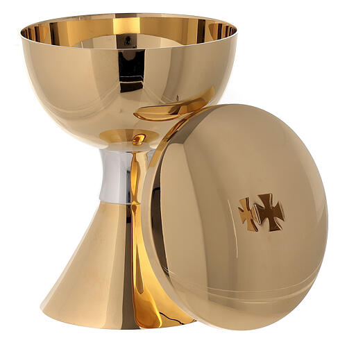 Set of bicolour brass chalice, ciborium and paten, stylized Molina 3