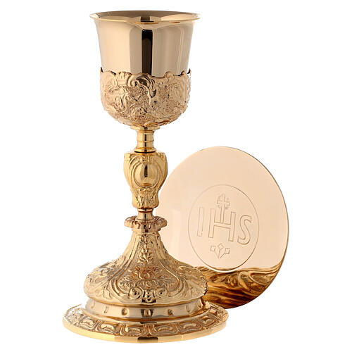 Chalice with paten 27 cm, in golden brass baroque style 1