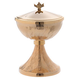 Pyxis Modell Ciborium aus vergoldetem Messing mit Blattgravur, 19 cm