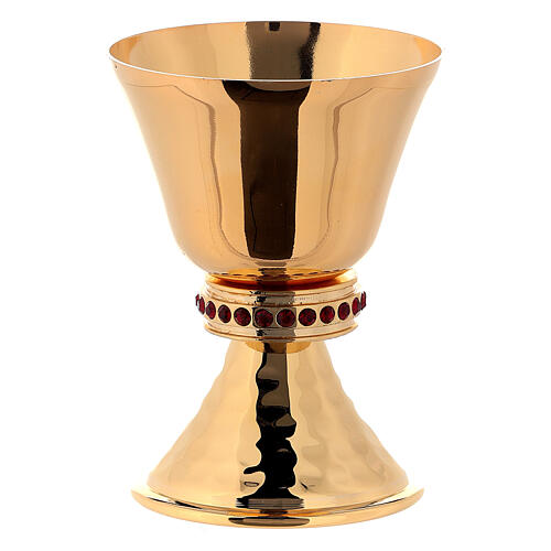 Chalice and ciborium in brass with hammered base and decorated with red stones 3