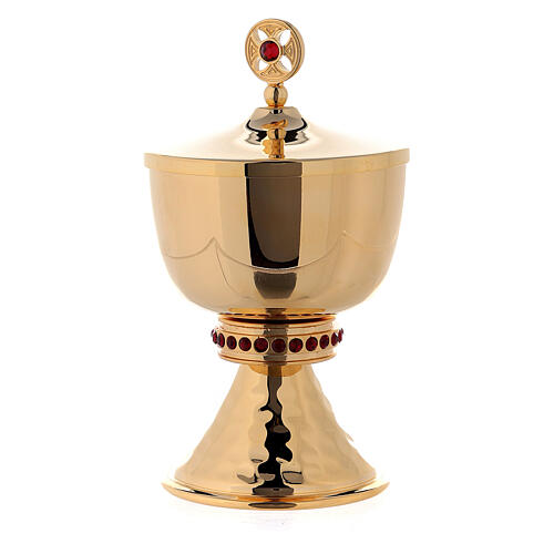 Chalice and ciborium in brass with hammered base and decorated with red stones 4