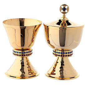 Small chalice and ciborium casted node with crystals in 24-karat gold plated brass