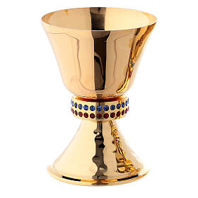 Small chalice and ciborium casted node with crystals in 24-karat gold plated brass