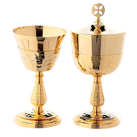 Chalice and ciborium with hammered base and sub-cup in 24-karat gold plated brass