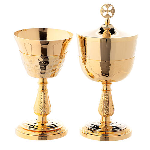 Chalice and ciborium with hammered base and sub-cup in 24-karat gold plated brass 1