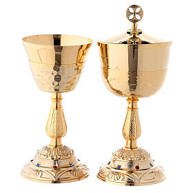 Chalice and ciborium with stones decoration on the base and fused junction