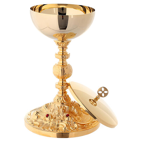 Chalice and ciborium in 24K golden brass with red stones 3