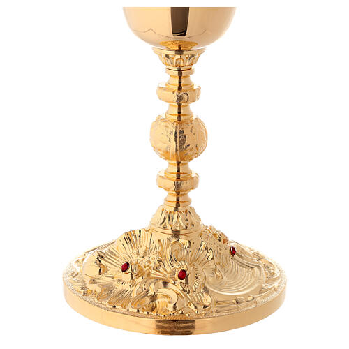 Chalice and ciborium in 24-karat gold plated brass baroque node red stones 4