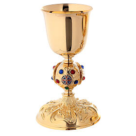 Chalice and ciborium in 24K golden brass with coloured stones
