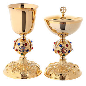 Calice e pisside nodo barocco pietre brillanti ottone dorato 24k