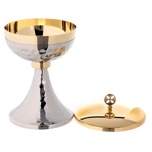 Chalice and ciborium in hammered golden and silver toned brass 3