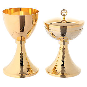 Hammered chalice and ciborium round cross 24-karat gold plated brass