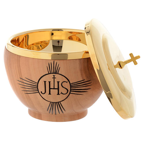 Ciborium in Assisi seasoned olive wood hand-carved IHS 2