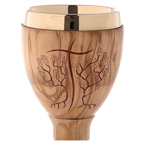 Chalice in Assisi seasoned olive wood, stylised cross and tree 2