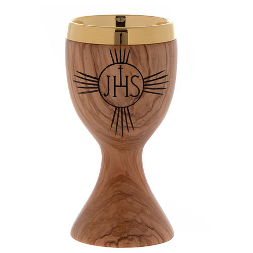 Olive wood chalice engraved IHS 1