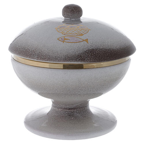 STOCK White ceramic and gold plated brass ciborium with loaves and fishes pattern d. 15 cm 1