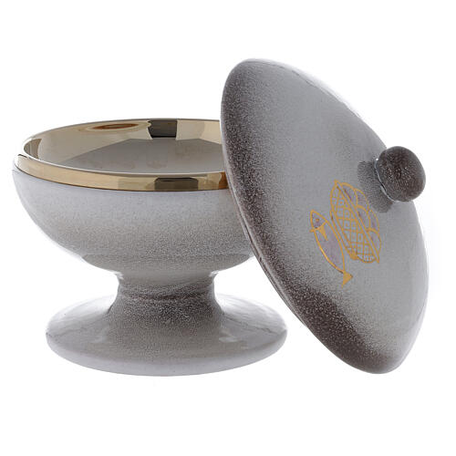 STOCK Puszka ceramika biała i mosiądz pozłacany, dekoracje chleby i ryby, śr. 15 cm 3