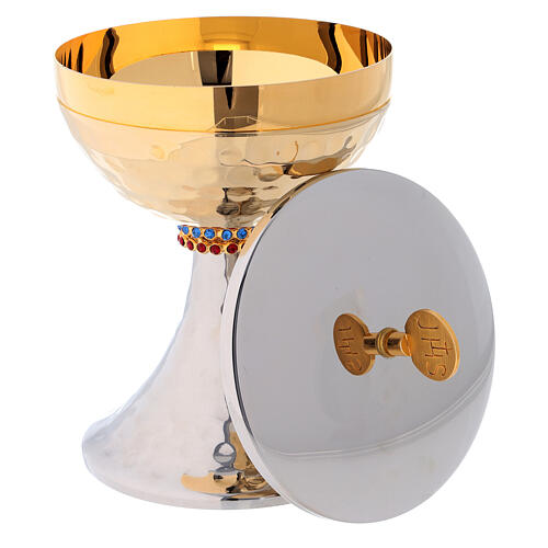 Ciborium in 24K golden and silver toned brass, hammered and decorated with stones 3