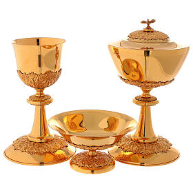Chalice ciborium paten set, in golden brass nickel silver branches flowers