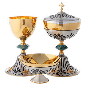 Chalice ciborium paten of bicolored brass and nickel silver with resin node