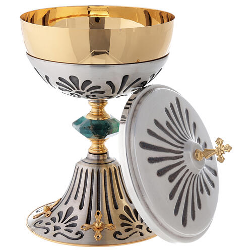 Chalice ciborium paten of bicolored brass and nickel silver with resin node 6