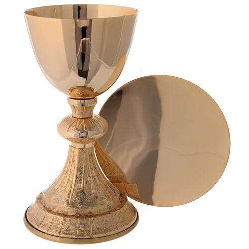 Chalice and paten in golden brass with decorated base h. 18.5 cm 1