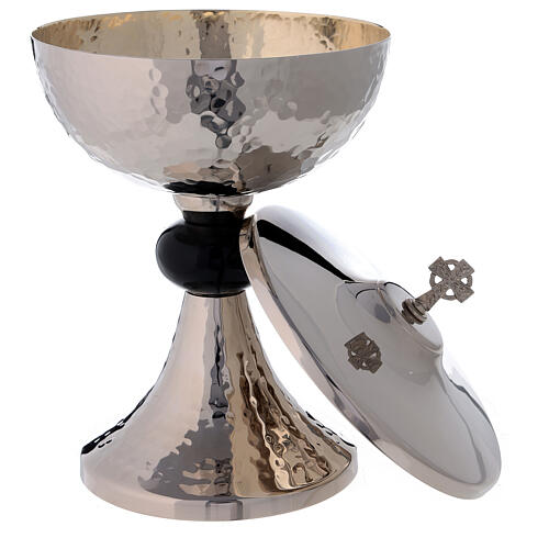 Hammered ciborium in nickel-plated and gold plated brass with black node 9 1/2 in 2