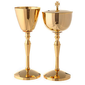 Gold plated brass chalice and ciborium with casted column-shaped node