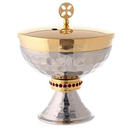 Short pyx made of silver brass with 24-carat gold plating and red stones 1