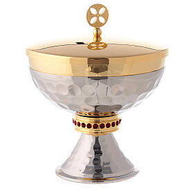 Small ciborium in hammered silver plated brass with red stones