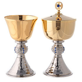 Chalice and pyx with hammered silver base and cast knot decorated with blue stones