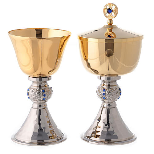 Chalice and pyx with hammered silver base and cast knot decorated with blue stones 1